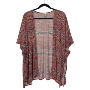 Burgundy Tan Red Geometric Print Open Cardigan Shawl One Size
